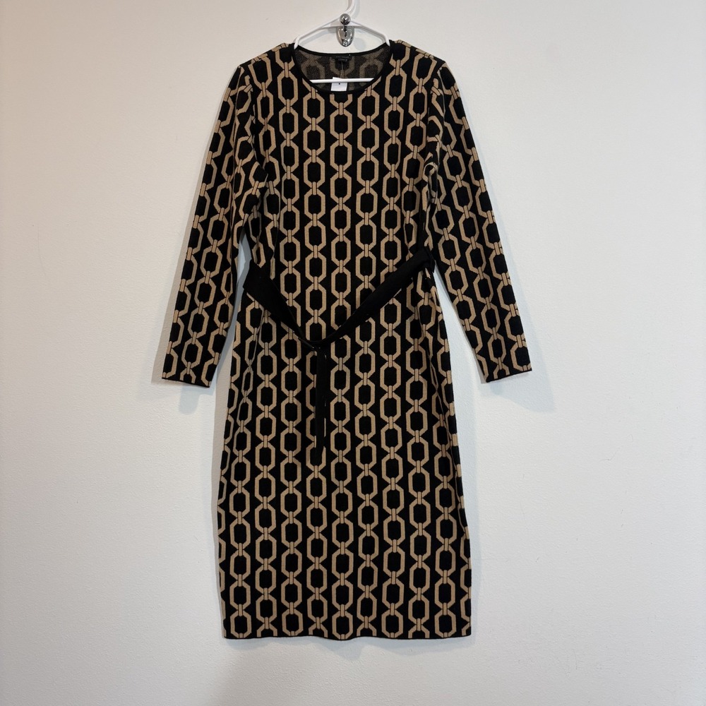 Ann Taylor Geometric Chain Knit Sweater Dress Womens L Black Stretch Office Wear